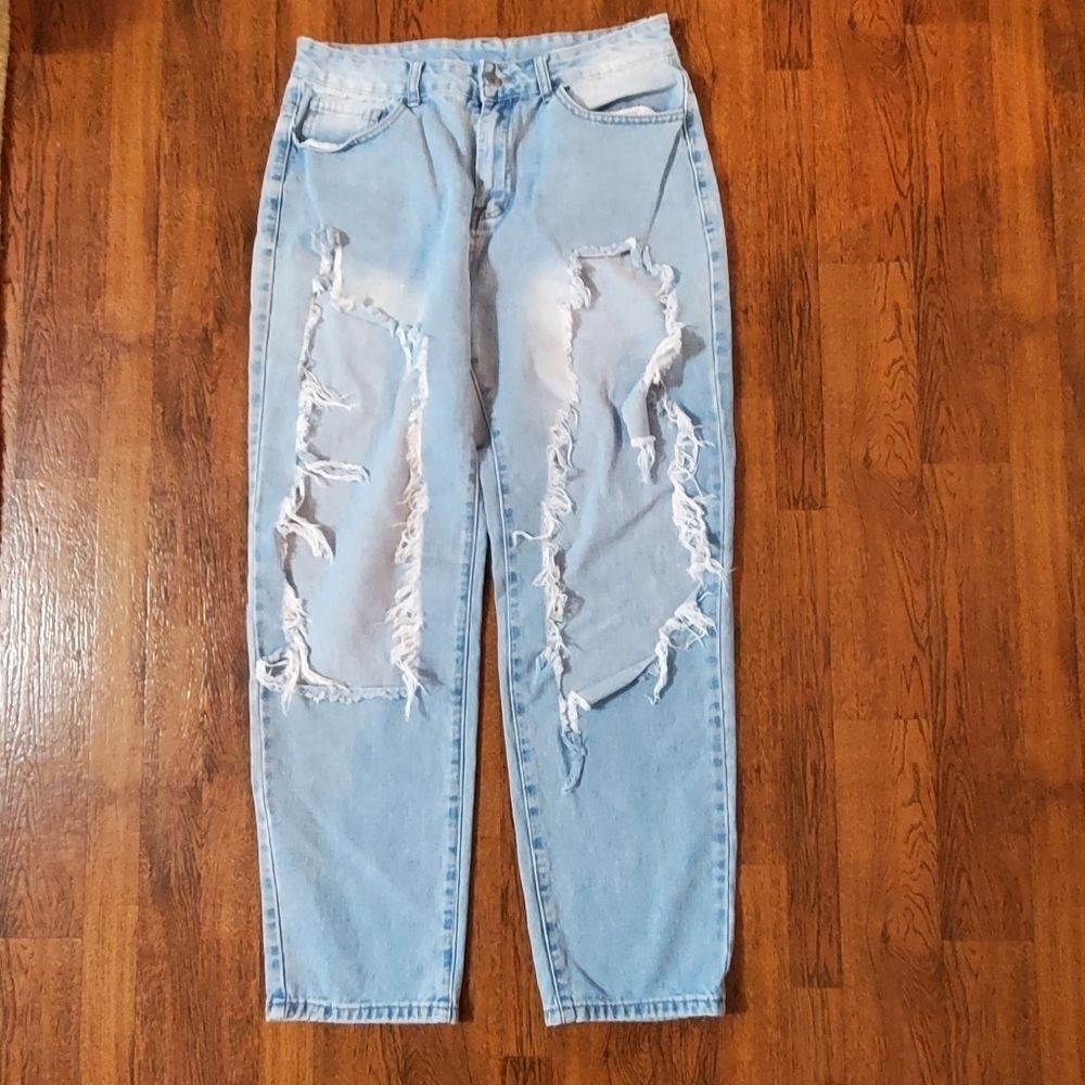 Shein Womens Sz L Denim Blue Jeans Distressed Destoryed